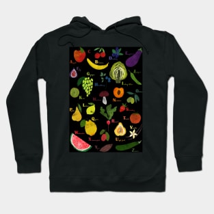 Fruit and vegetables English alphabet on dark Hoodie
